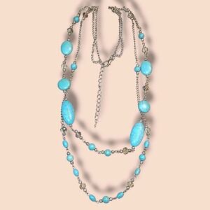 Turquoise Howlite Bead Necklace 28" Two Strand Silver Tone Crystal Boho Layered